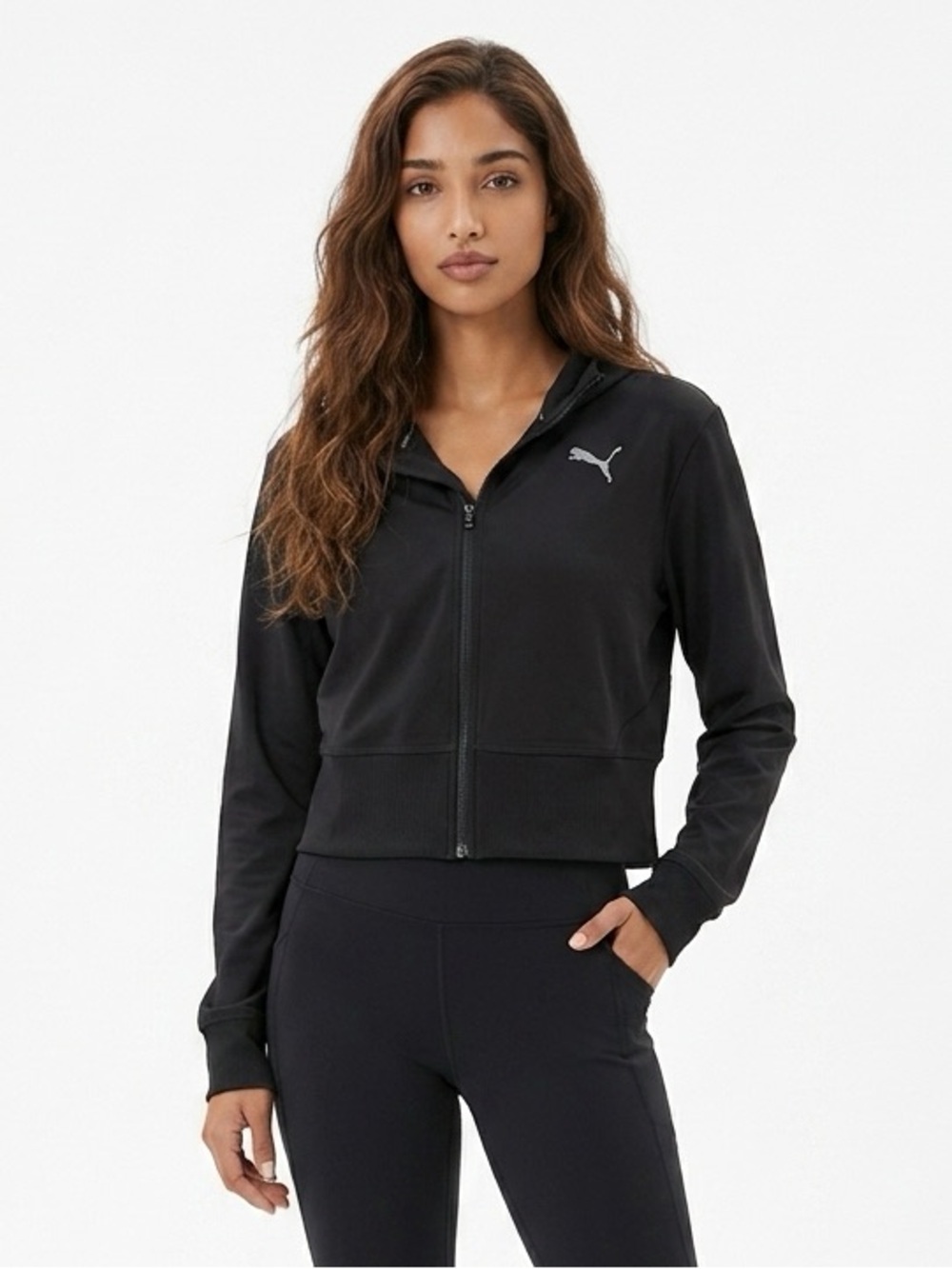 PUMA Studio Cropped Zip‎ Hoodie Jacket Women's L Black Full Zip Activewear 303